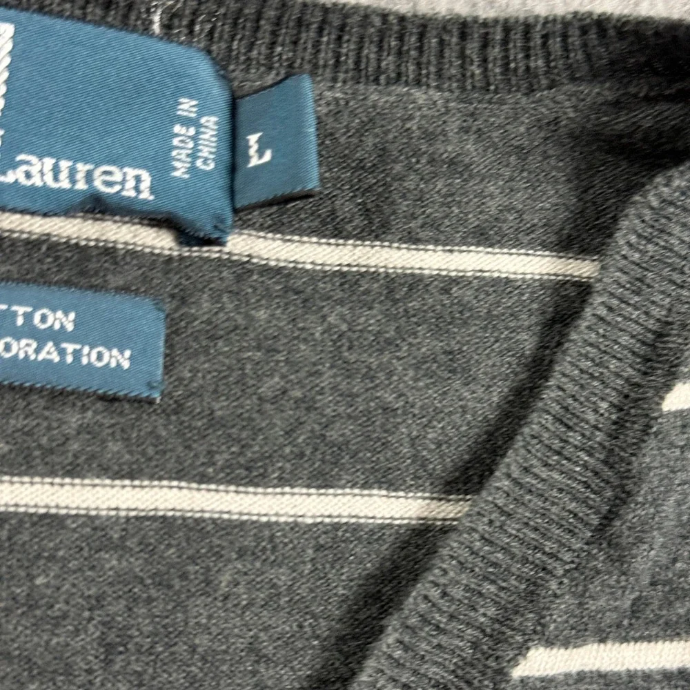 Polo Ralph Lauren Mens Pima Cotton V-Neck Striped Sweater Grey White Large